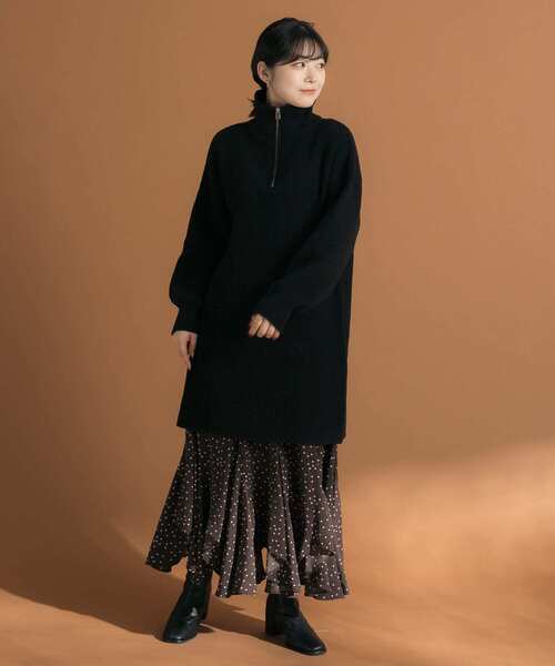 HEYUMM（ヘユム）の「ハーフジップニットミニワンピース（ワンピース・レディース・ブラック/アイボリー/ライトベージュ・ONE）」の6枚目の写真