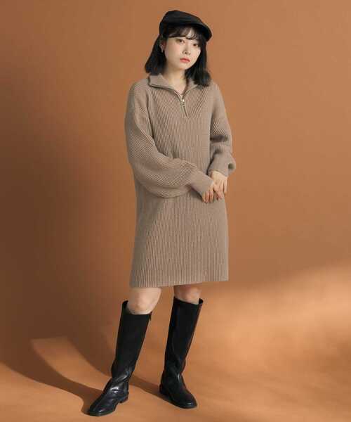 HEYUMM（ヘユム）の「ハーフジップニットミニワンピース（ワンピース・レディース・ブラック/アイボリー/ライトベージュ・ONE）」の9枚目の写真