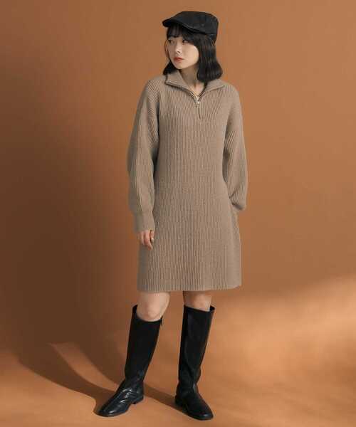 HEYUMM（ヘユム）の「ハーフジップニットミニワンピース（ワンピース・レディース・ブラック/アイボリー/ライトベージュ・ONE）」の10枚目の写真
