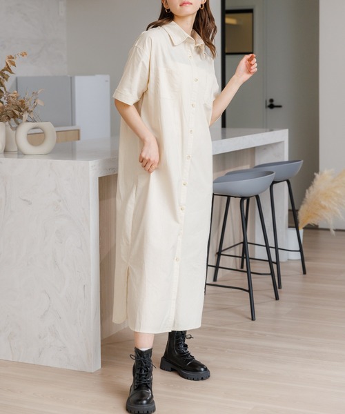 Eclat one(エクラワン)の「オーバーサイズ シャツワンピース(シャツワンピース・レディース・ベージュ/イエロー/ダークグレー・FREE)」の6枚目の写真