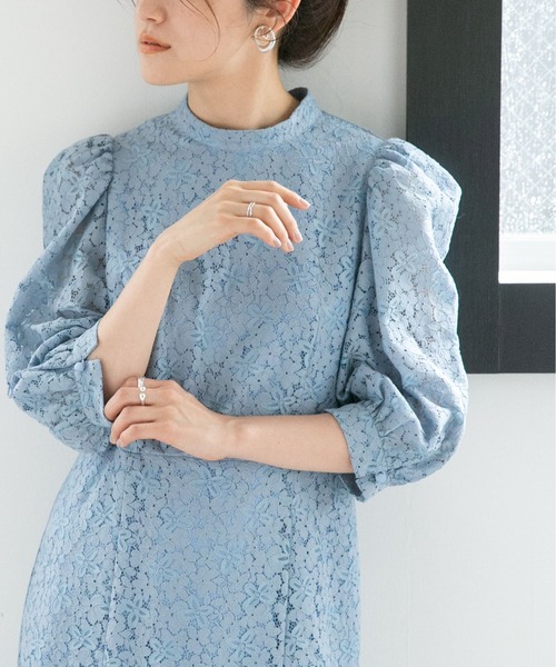 LB.04/WEB限定フラワーレースパワショルワンピース【低身長サイズ有】