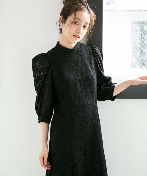 LB.04/WEB限定フラワーレースパワショルワンピース【低身長サイズ有】