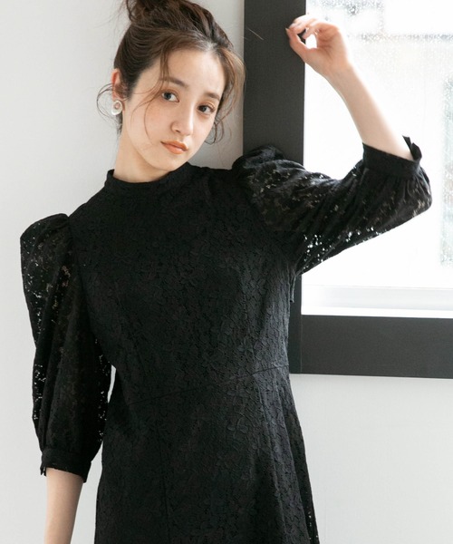 LB.04/WEB限定フラワーレースパワショルワンピース【低身長サイズ有】