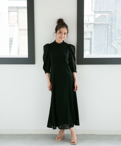 LB.04/WEB限定フラワーレースパワショルワンピース【低身長サイズ有】