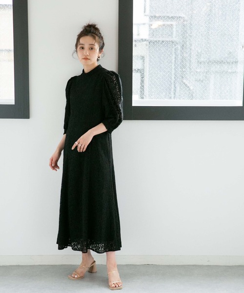 LB.04/WEB限定フラワーレースパワショルワンピース【低身長サイズ有】