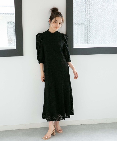 LB.04/WEB限定フラワーレースパワショルワンピース【低身長サイズ有】