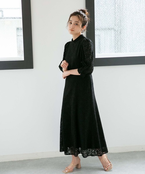 LB.04/WEB限定フラワーレースパワショルワンピース【低身長サイズ有】