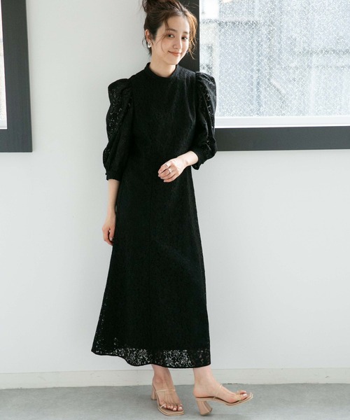 LB.04/WEB限定フラワーレースパワショルワンピース【低身長サイズ有】