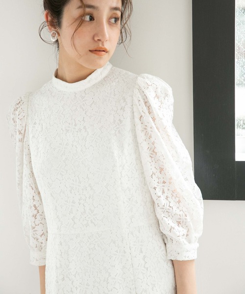 LB.04/WEB限定フラワーレースパワショルワンピース【低身長サイズ有】