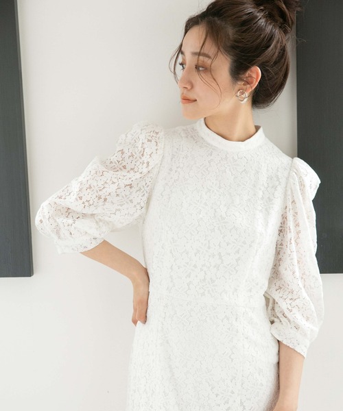 LB.04/WEB限定フラワーレースパワショルワンピース【低身長サイズ有】