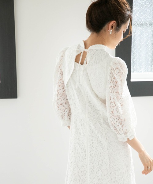 LB.04/WEB限定フラワーレースパワショルワンピース【低身長サイズ有】