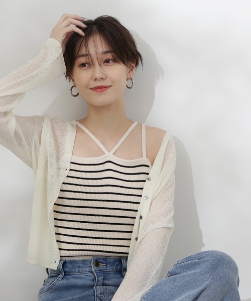 N.（N. Natural Beauty Basic）（エヌエヌナチュラルビューティーベーシック）の「◆Ｖネックシアーカーディガン（カーディガン/ボレロ・レディース・オフホワイト/ピンク/チャコール・MEDIUM）」の2枚目の写真