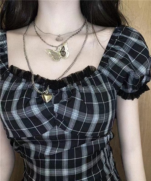 gossip！ロサンゼルス（ゴシップロサンゼルス）の「YUGA　パフスリーブ　チェック柄ワンピース（ワンピース・レディース・ブラック・M/L）」の2枚目の写真