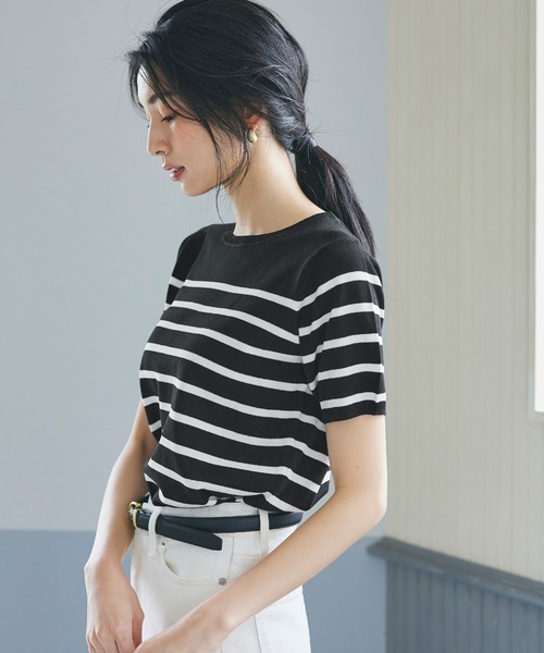 coca(coca)(コカ)の「ボーダー半袖ニット(ニット/セーター・レディース・ホワイト/ブラック・M/L)」の2枚目の写真
