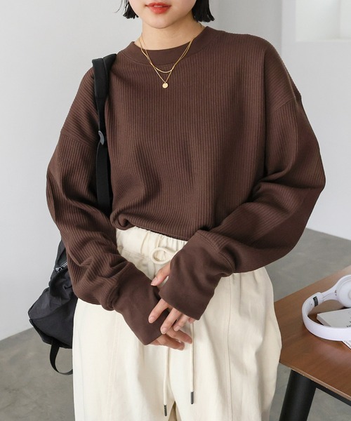 andme(アンドミー)の「ワッフル指穴長袖トップス(Tシャツ/カットソー・レディース・ライトブルー/ブラック/アイボリー/ブラウン/オートミール・M)」の3枚目の写真