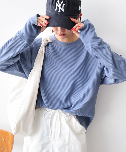 andme(アンドミー)の「ワッフル指穴長袖トップス(Tシャツ/カットソー・レディース・ライトブルー/ブラック/アイボリー/ブラウン/オートミール・M)」の5枚目の写真