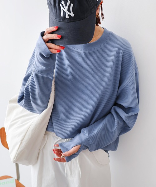 andme(アンドミー)の「ワッフル指穴長袖トップス(Tシャツ/カットソー・レディース・ライトブルー/ブラック/アイボリー/ブラウン/オートミール・M)」の14枚目の写真