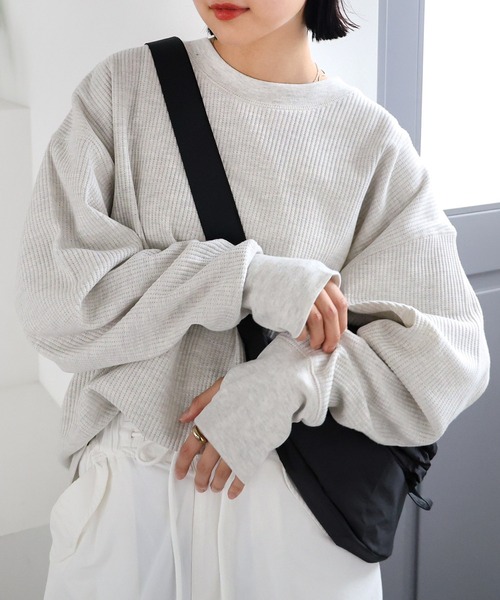 andme(アンドミー)の「ワッフル指穴長袖トップス(Tシャツ/カットソー・レディース・ライトブルー/ブラック/アイボリー/ブラウン/オートミール・M)」の18枚目の写真