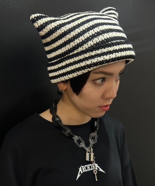 Chica（チカ）の「Chica/チカ/ネコ耳ニット帽（ニットキャップ/ビーニー・レディース・その他24/ブラック/ブラック系その他/ラベンダー・F）」の5枚目の写真