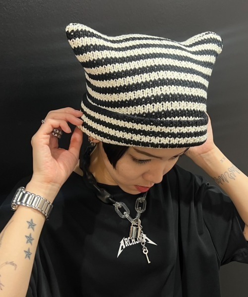 Chica（チカ）の「Chica/チカ/ネコ耳ニット帽（ニットキャップ/ビーニー・レディース・その他24/ブラック/ブラック系その他/ラベンダー・F）」の7枚目の写真