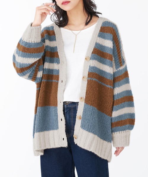 n'OrLABEL（ノアールレーベル）の「『ミックスボーダー柄ニットカーディガン』（カーディガン/ボレロ・レディース・グレイッシュブルー/ブラック・FREE）」の3枚目の写真