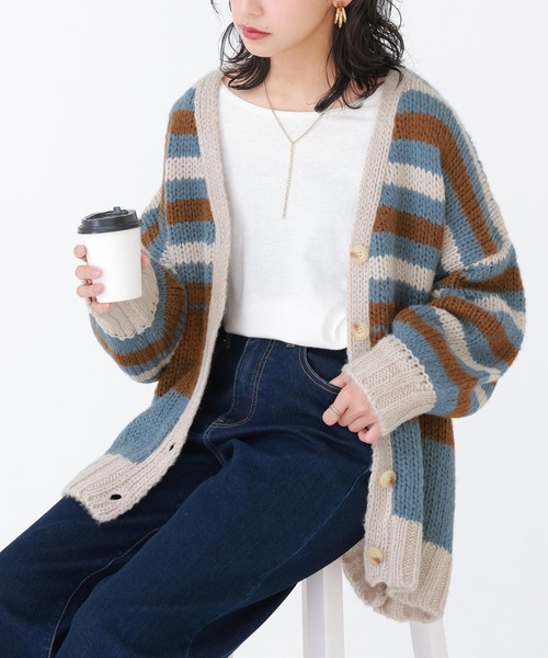 n'OrLABEL（ノアールレーベル）の「『ミックスボーダー柄ニットカーディガン』（カーディガン/ボレロ・レディース・グレイッシュブルー/ブラック・FREE）」の6枚目の写真