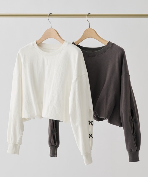 idem(イデム)の「ribbon slit balloon tops/リボン付バルーントップス(Tシャツ/カットソー・レディース・オフホワイト/チャコールグレー・FREE)」の14枚目の写真