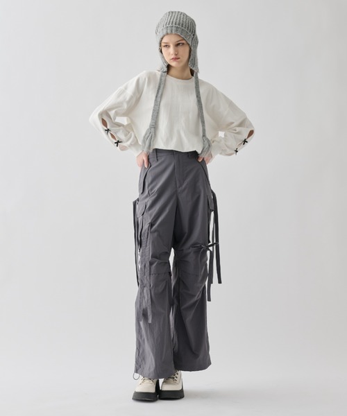 idem(イデム)の「ribbon slit balloon tops/リボン付バルーントップス(Tシャツ/カットソー・レディース・オフホワイト/チャコールグレー・FREE)」の7枚目の写真