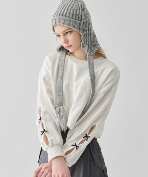 idem(イデム)の「ribbon slit balloon tops/リボン付バルーントップス(Tシャツ/カットソー・レディース・オフホワイト/チャコールグレー・FREE)」の15枚目の写真