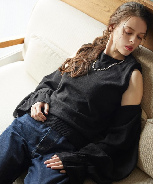 CIEL'AIR（シエルエアー）の「Knit No Sleeve&Bolero Twin Set（Tシャツ/カットソー・レディース・ブラック/キャメル・FREE）」の2枚目の写真