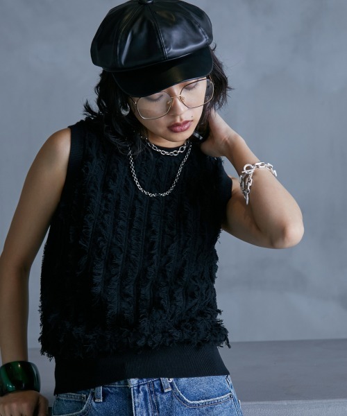 GEVS.（ジェイヴィス）の「＜大きいサイズ＞ 綿100％カットジャガードニットタンクトップ GEVS.（ニット/セーター・レディース・ブラック/オフホワイト・L/LL/3L/4L/5L）」の2枚目の写真