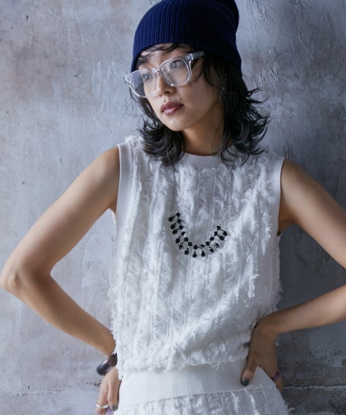 GEVS.（ジェイヴィス）の「＜大きいサイズ＞ 綿100％カットジャガードニットタンクトップ GEVS.（ニット/セーター・レディース・ブラック/オフホワイト・L/LL/3L/4L/5L）」の9枚目の写真