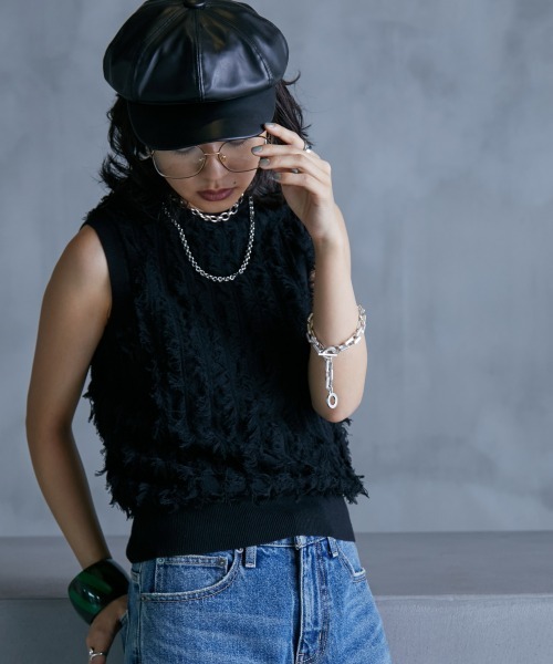 GEVS.（ジェイヴィス）の「＜大きいサイズ＞ 綿100％カットジャガードニットタンクトップ GEVS.（ニット/セーター・レディース・ブラック/オフホワイト・L/LL/3L/4L/5L）」の14枚目の写真