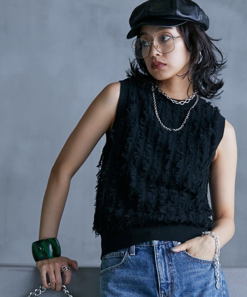 GEVS.（ジェイヴィス）の「＜大きいサイズ＞ 綿100％カットジャガードニットタンクトップ GEVS.（ニット/セーター・レディース・ブラック/オフホワイト・L/LL/3L/4L/5L）」の12枚目の写真