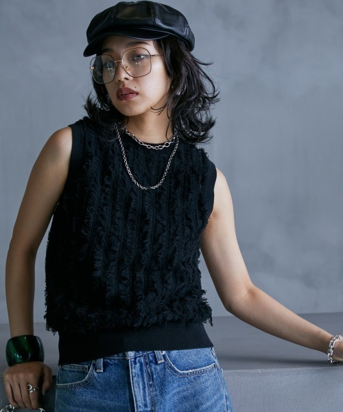 GEVS.（ジェイヴィス）の「＜大きいサイズ＞ 綿100％カットジャガードニットタンクトップ GEVS.（ニット/セーター・レディース・ブラック/オフホワイト・L/LL/3L/4L/5L）」の13枚目の写真