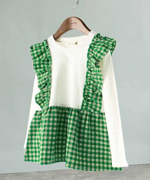 BRANSHES（ブランシェス）の「【お揃い】サッカー先染めギンガムチェックTシャツ（Tシャツ/カットソー・キッズ・グリーン/ネイビー・100/90/120/110/150/140/130）」の2枚目の写真