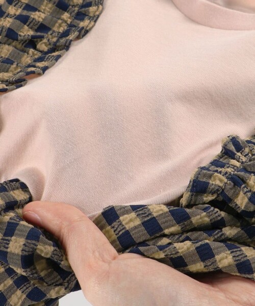 BRANSHES（ブランシェス）の「【お揃い】サッカー先染めギンガムチェックTシャツ（Tシャツ/カットソー・キッズ・グリーン/ネイビー・100/90/120/110/150/140/130）」の6枚目の写真