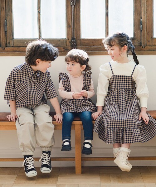 BRANSHES（ブランシェス）の「【お揃い】サッカー先染めギンガムチェックTシャツ（Tシャツ/カットソー・キッズ・グリーン/ネイビー・100/90/120/110/150/140/130）」の5枚目の写真