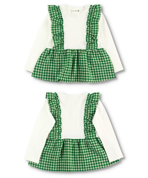 BRANSHES（ブランシェス）の「【お揃い】サッカー先染めギンガムチェックTシャツ（Tシャツ/カットソー・キッズ・グリーン/ネイビー・100/90/120/110/150/140/130）」の4枚目の写真