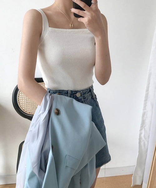 Miniministore(ミニミニストア)の「リブニット タンクトップ スクエアネック(タンクトップ・レディース・ピンク/ホワイト/ベージュ/イエロー/ミント/ブラック/ブルー/グレー・FREE)」の2枚目の写真