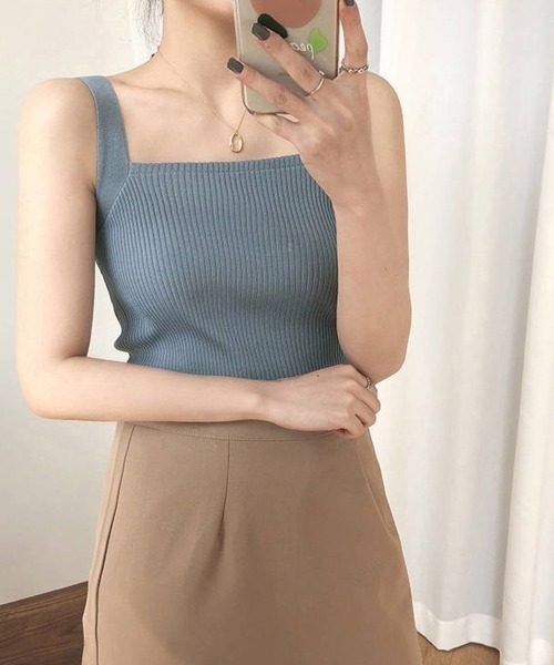 Miniministore(ミニミニストア)の「リブニット タンクトップ スクエアネック(タンクトップ・レディース・ピンク/ホワイト/ベージュ/イエロー/ミント/ブラック/ブルー/グレー・FREE)」の6枚目の写真