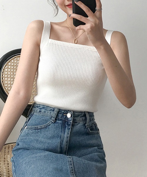Miniministore(ミニミニストア)の「リブニット タンクトップ スクエアネック(タンクトップ・レディース・ピンク/ホワイト/ベージュ/イエロー/ミント/ブラック/ブルー/グレー・FREE)」の16枚目の写真