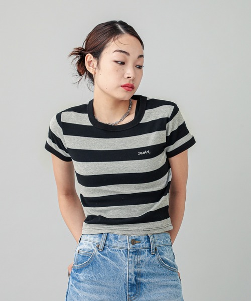 X-girl（エックスガール）の「STRIPED S/S TEE（Tシャツ/カットソー・レディース・ライトブルー/ブラック/イエロー・M/S）」の2枚目の写真