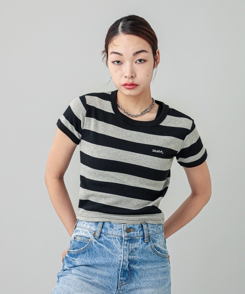 X-girl（エックスガール）の「STRIPED S/S TEE（Tシャツ/カットソー・レディース・ライトブルー/ブラック/イエロー・M/S）」の10枚目の写真