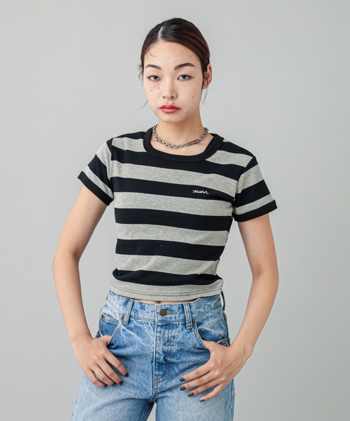 X-girl（エックスガール）の「STRIPED S/S TEE（Tシャツ/カットソー・レディース・ライトブルー/ブラック/イエロー・M/S）」の17枚目の写真