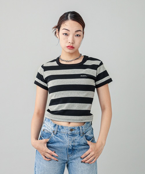 X-girl（エックスガール）の「STRIPED S/S TEE（Tシャツ/カットソー・レディース・ライトブルー/ブラック/イエロー・M/S）」の18枚目の写真
