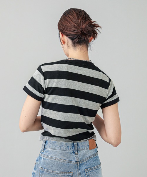 X-girl（エックスガール）の「STRIPED S/S TEE（Tシャツ/カットソー・レディース・ライトブルー/ブラック/イエロー・M/S）」の9枚目の写真