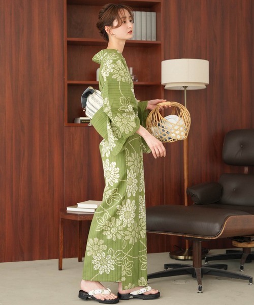 手染め注染浴衣3点セット utatane×注染工房 等間しじら 草色に露芝小菊