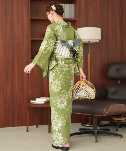 手染め注染浴衣3点セット utatane×注染工房 等間しじら 草色に露芝小菊