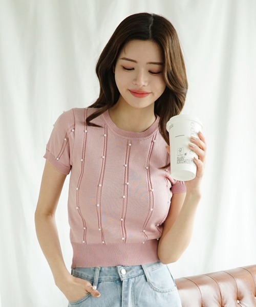 Jasmine Grandiflorum(ジャスミングランディフローラム)の「【Jasmine】パワショルパールニット半袖トップス (SS)(Tシャツ/カットソー・レディース・ブルー/ブラック/イエロー/ホワイト/ピンク・FREE)」の5枚目の写真